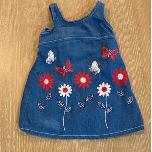 Zoey Denim Sundress Blue Embroidered Flowers Button and Tie Back Butterfly2T